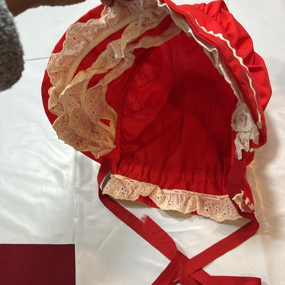 Red Prairie BONNET HAND MADE lace ruffle trim ribbon neck tie costume OS womens - Picture 12 of 13